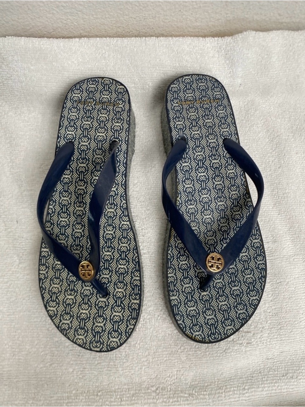 Tory Burch Women Navy Chainlink Platform Thong Sandal Size 8.5 Coastal Classic